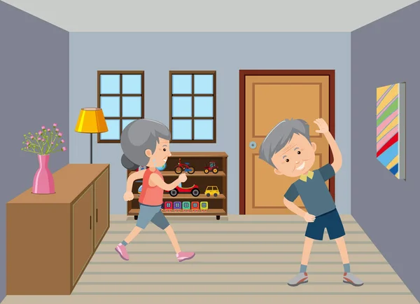 Escena Fondo Con Pareja Ancianos Manteniéndose Saludables Casa Ilustración — Vector de stock