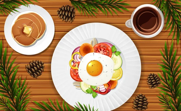 Завтрак Крупным Планом Столе Иллюстрацией Листьев — стоковый вектор