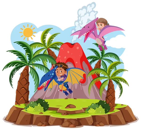 Kids Ride Cute Dinosaur Volcano Eruption Isolated White Background Illustration — Stock Vector