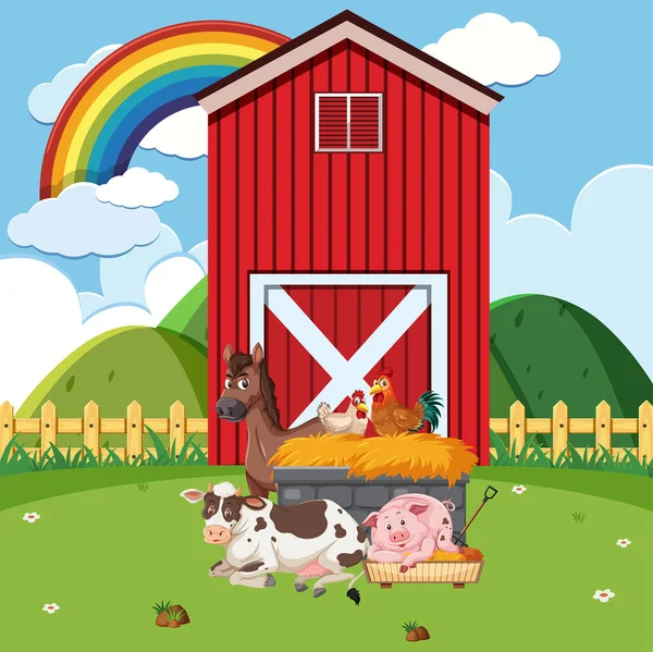 Farma Scéna Mnoha Zvířat Farmě Ilustrace — Stockový vektor