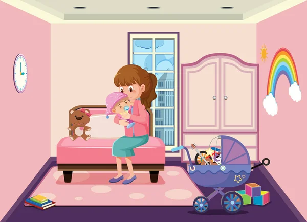 Madre Toma Bebé Del Cochecito Bebé Ilustración Dibujos Animados Casa — Vector de stock