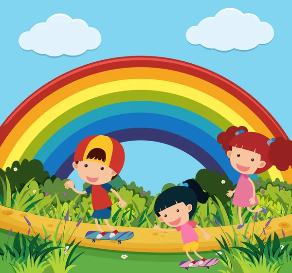 Escena Con Niños Jugando Parque Ilustración — Vector de stock