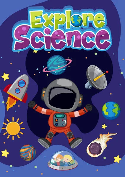Jelajahi Logo Sains Dengan Ilustrasi Astronot Dan Objek Ruang Angkasa - Stok Vektor