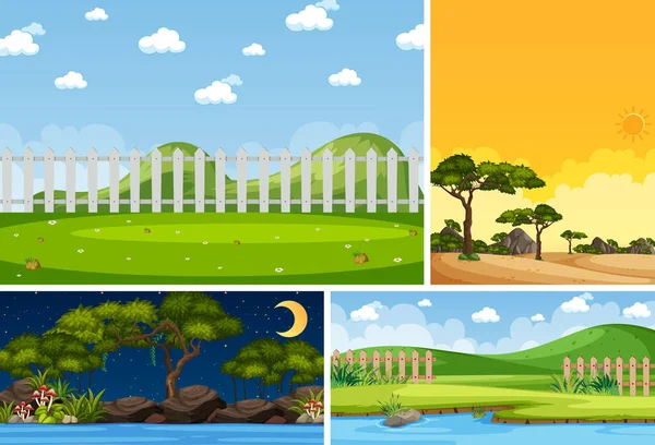 Four Background Different Nature Scenes Green Trees Different Times Illustration — Stock Vector