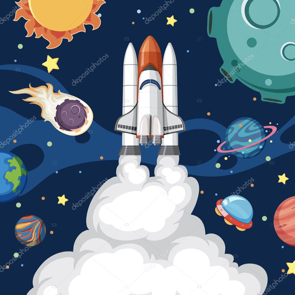 Space ship with space objects in the space illustration