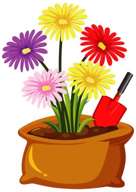 Beyaz arkaplan illüstrasyonunda kahverengi çantada renkli çiçekler