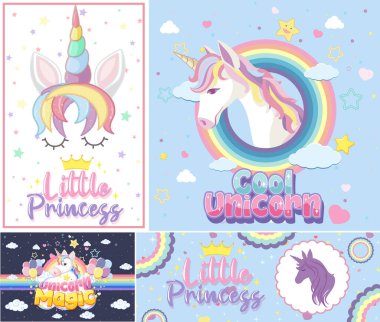 Pastel arkaplan renk illüstrasyonunda şirin tek boynuzlu at afişi