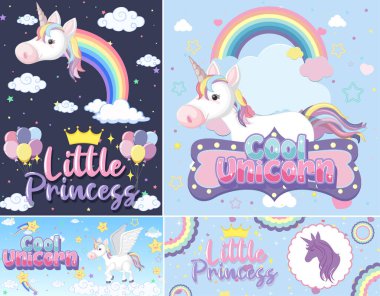 Pastel arkaplan renk illüstrasyonunda şirin tek boynuzlu at afişi