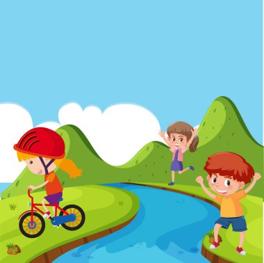 Park illüstrasyonunda birçok çocuğun oynadığı sahne