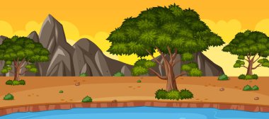 Horizon doğa manzarası ya da orman manzaralı kırsal alan ve sarı günbatımı gökyüzü görüntüsü