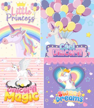 Pastel arkaplan renk illüstrasyonunda şirin tek boynuzlu at afişi