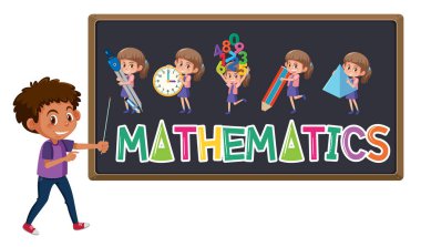 Tahtadaki matematik logosu ve izole edilmiş şirin bir çocuk.