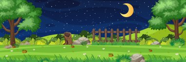 Horizon doğa manzarası ya da orman manzaralı kırsal alan ve gece illüstrasyonunda gökyüzünde ay.