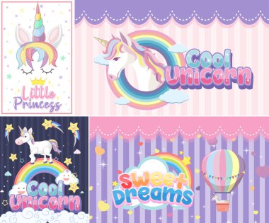 Pastel arkaplan renk illüstrasyonunda şirin tek boynuzlu at afişi