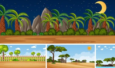 Farklı zamanlarda yeşil ağaçların olduğu dört farklı arkaplan.