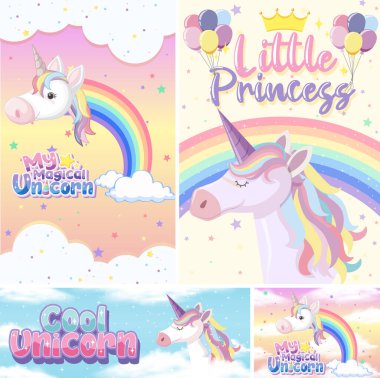 Pastel arkaplan renk illüstrasyonunda şirin tek boynuzlu at afişi