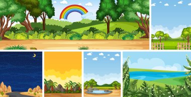 Gündüz ve gece illüstrasyonunda dikey ve ufuk sahnelerinde farklı doğa sahneleri.