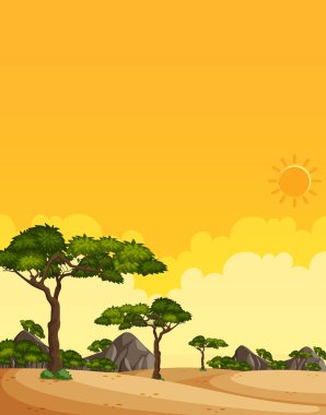 Dikey doğa manzarası ya da orman manzaralı kırsal alan ve sarı günbatımı gökyüzü resmi