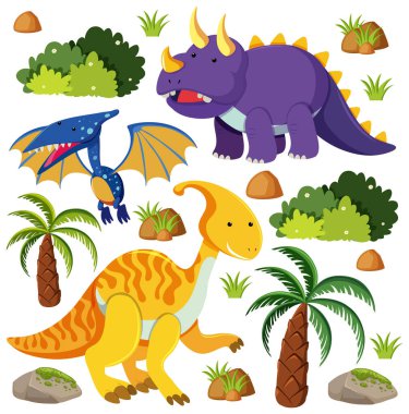 Beyaz arkaplanda izole edilmiş bir grup şirin dinozor.