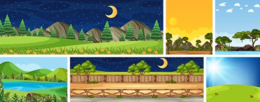 Gündüz ve gece illüstrasyonunda dikey ve ufuk sahnelerinde farklı doğa sahneleri.