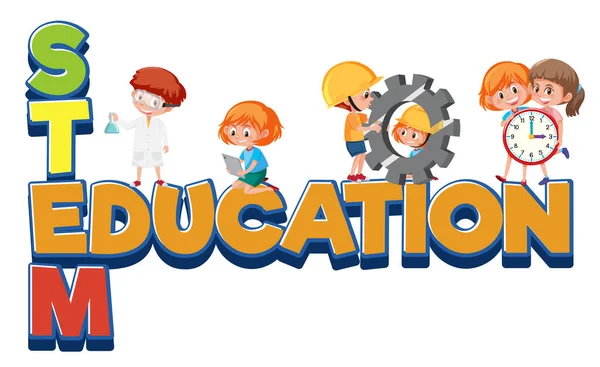 Stem Education Logo Kids Wearing Engineer Costume Isolated Illustration — Stock Vector