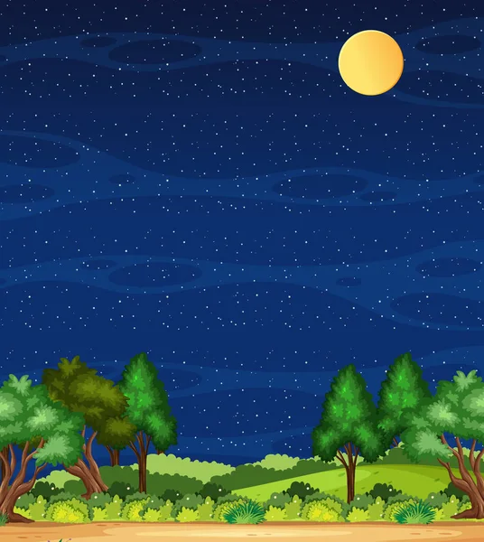 夜のイラストで森の景色と空を望む垂直自然シーンや風景の田舎 — ストックベクタ