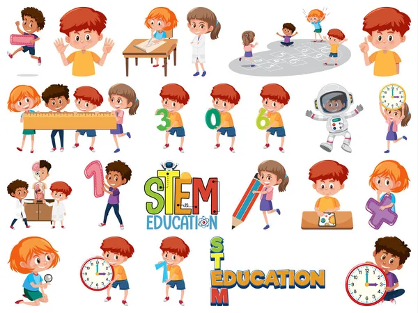 Set Bambini Con Oggetti Educativi Illustrazione — Vettoriale Stock