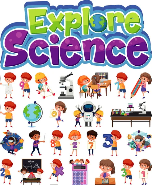 Bilim Logosu Eğitim Nesneleriyle Izole Edilmiş Bir Grup Çocuğu Araştırın — Stok Vektör
