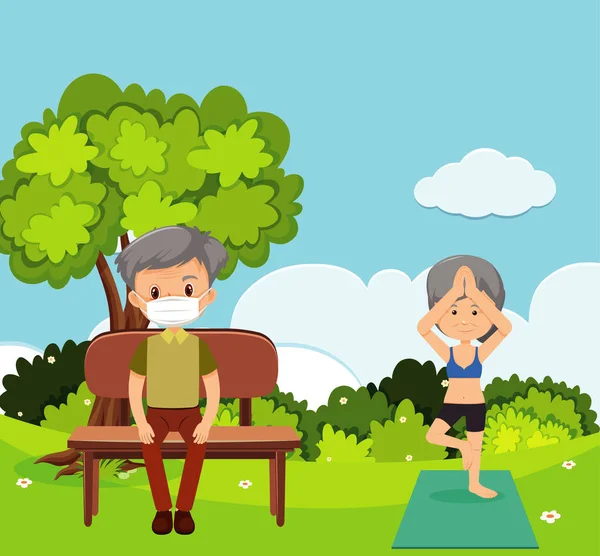 Scene Old People Relaxing Park Illustration — Stock Vector