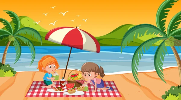 Scène Met Kinderen Picknick Het Strand Illustratie — Stockvector