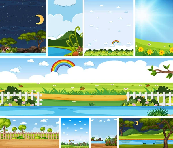 Conjunto Escena Lugar Naturaleza Diferente Escenas Verticales Horizontales Durante Día — Vector de stock