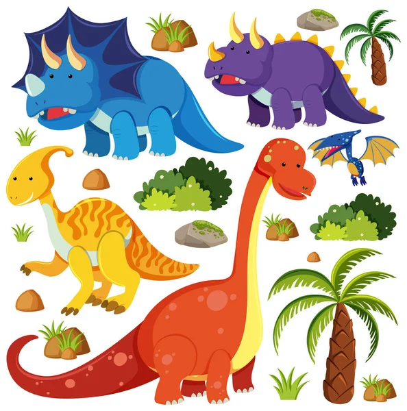 Set Simpatici Dinosauri Isolati Sfondo Bianco Illustrazione — Vettoriale Stock
