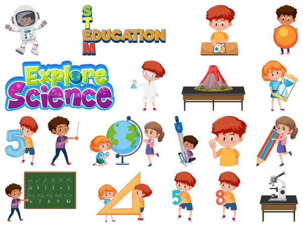 Conjunto Niños Con Objetos Educativos Ilustración Aislada — Vector de stock