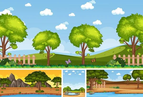 Quatre Arrière Plan Différentes Scènes Nature Avec Des Arbres Verts — Image vectorielle
