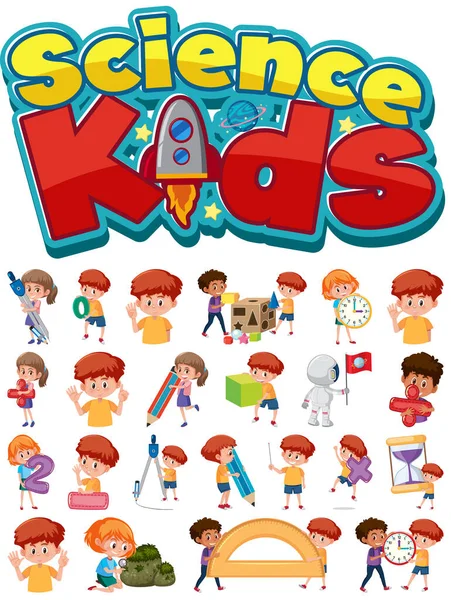 科学の子供たちのロゴや教育オブジェクトの孤立イラストと子供のセット — ストックベクタ
