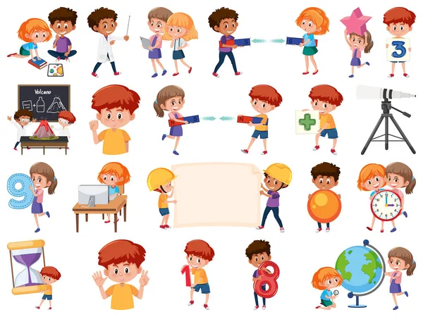 Conjunto Niños Con Objetos Educativos Ilustración Aislada — Vector de stock