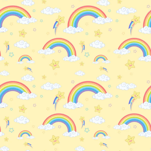 Arcobaleno Senza Cuciture Con Nuvola Motivo Stella Sfondo Giallo Illustrazione — Vettoriale Stock