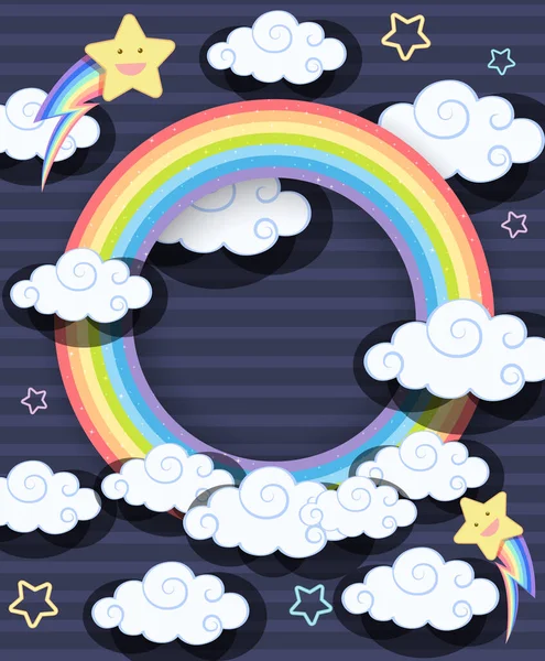 Regenboog Ronde Frame Met Veel Wolken Nacht Achtergrond Illustratie — Stockvector