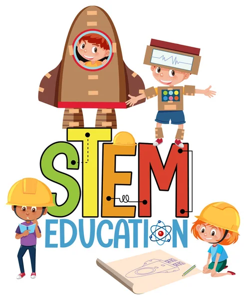 Stem Λογότυπο Εκπαίδευσης Παιδιά Φορώντας Κοστούμι Μηχανικός Απομονωμένη Εικόνα — Διανυσματικό Αρχείο