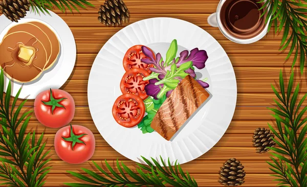 Salmon Steak Close Desk Background Some Vegetable Props Illustration — Stock Vector