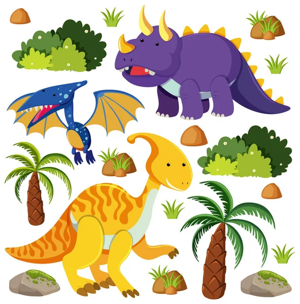 Conjunto Dinosaurios Lindos Aislados Sobre Fondo Blanco Ilustración — Vector de stock