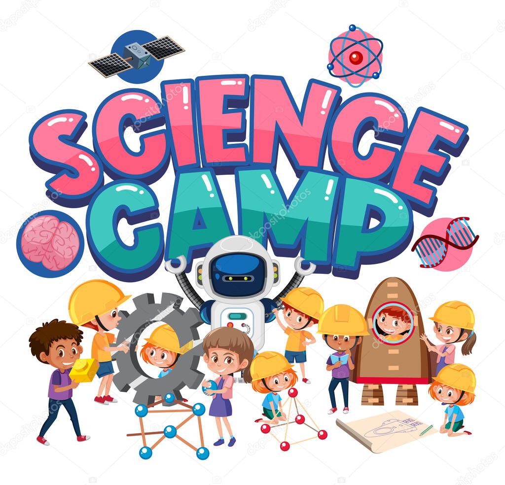 Science camp logo with children wearing engineer costume isolated illustration