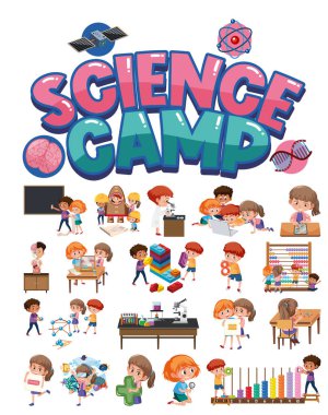Bilim kampı logosu ve eğitim nesneleriyle izole edilmiş bir grup çocuk.