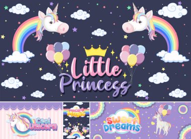 Pastel arkaplan renk illüstrasyonunda şirin tek boynuzlu at afişi