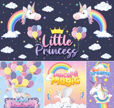 Pastel arkaplan renk illüstrasyonunda şirin tek boynuzlu at afişi