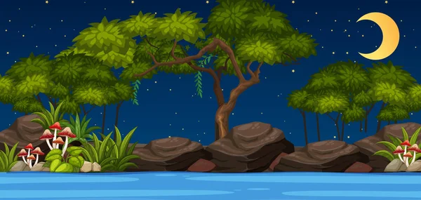 Сцена Природе Пейзаж Видом Лес Луной Ночном Небе — стоковый вектор