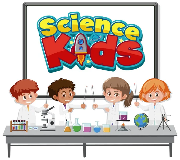 Science Kids Logo Und Kinder Wissenschaftlerkostüm Isolierte Illustration — Stockvektor