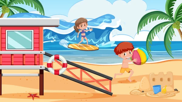Hintergrundszene Mit Jungen Und Mädchen Strand Illustration — Stockvektor