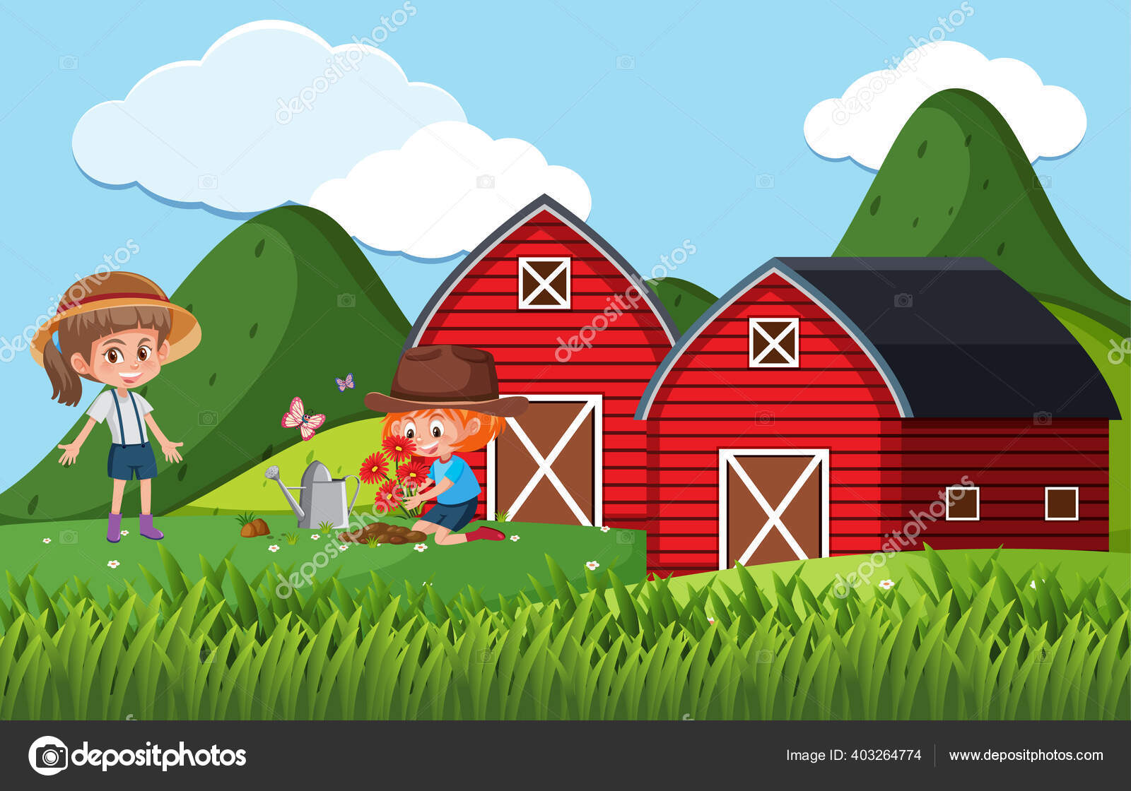 Adegan Pertanian Dengan Anak Anak Menanam Bunga Pada Ilustrasi Pertanian Stok Vektor Brgfx 403264774