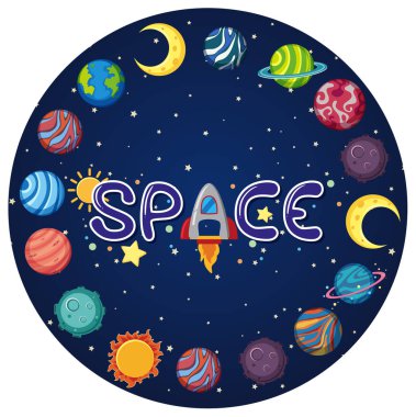 Çember şeklinde birçok gezegen içeren uzay logosu